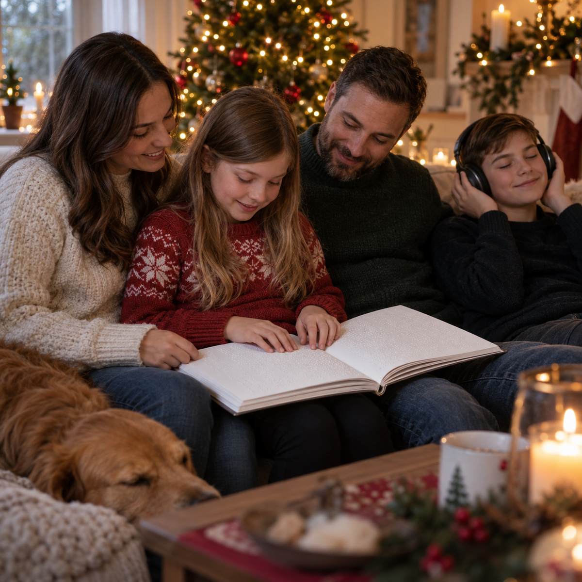 A family reading a Braille book together on a sofa beside a Christmas tree, while a child listens with headphones.