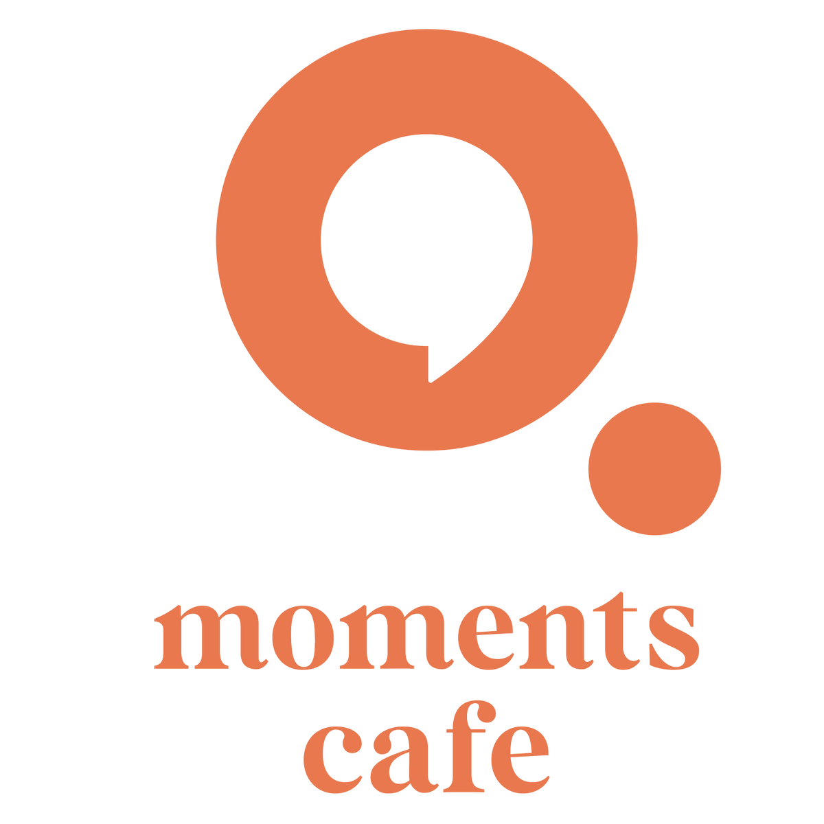 Logo of moments cafe with an orange circle and text on a white background
