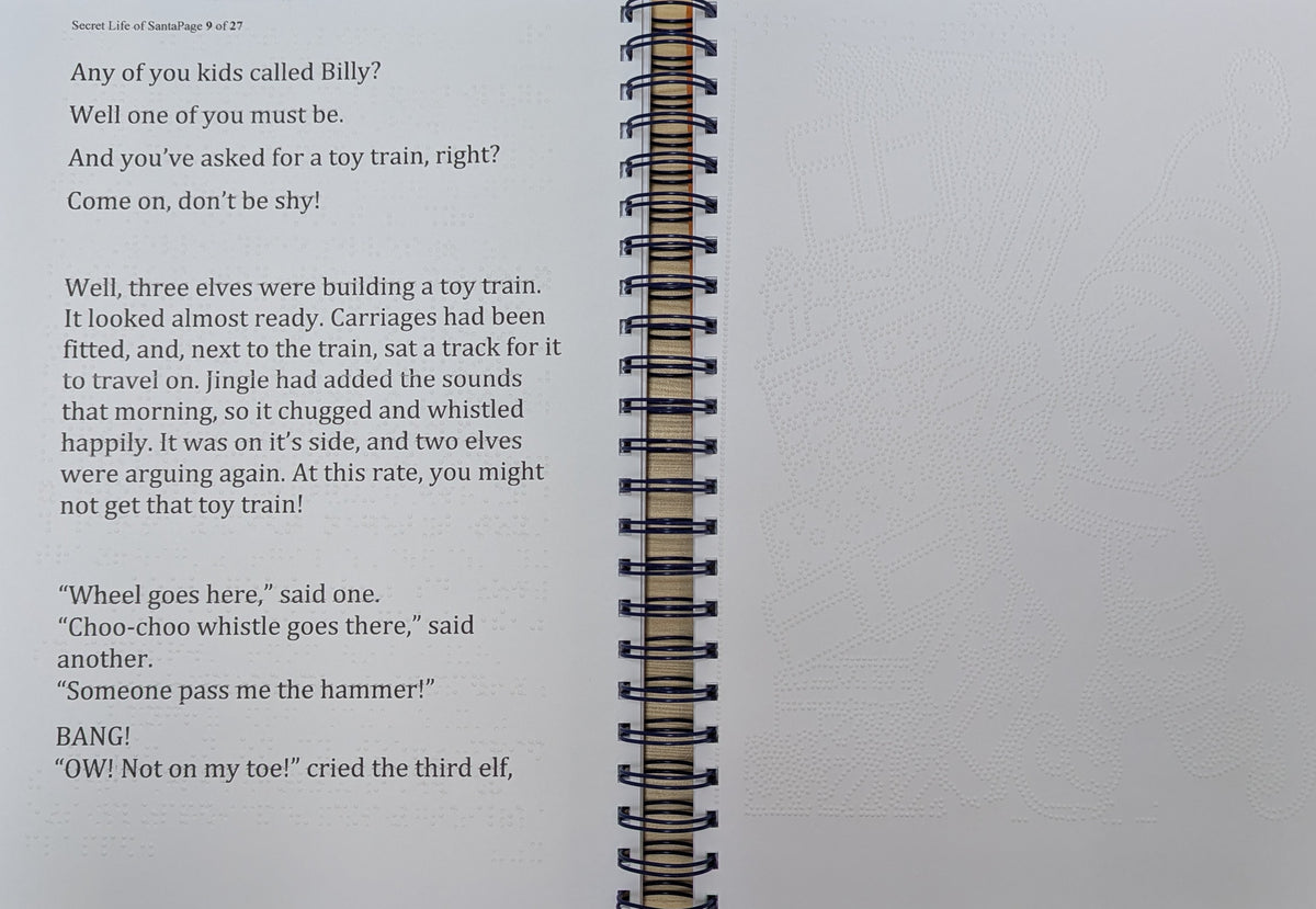 two pages from the Secret Life of Santa, braille story and picture book. One showing black large print text over a braille transcription and the other a braille image of an elf.